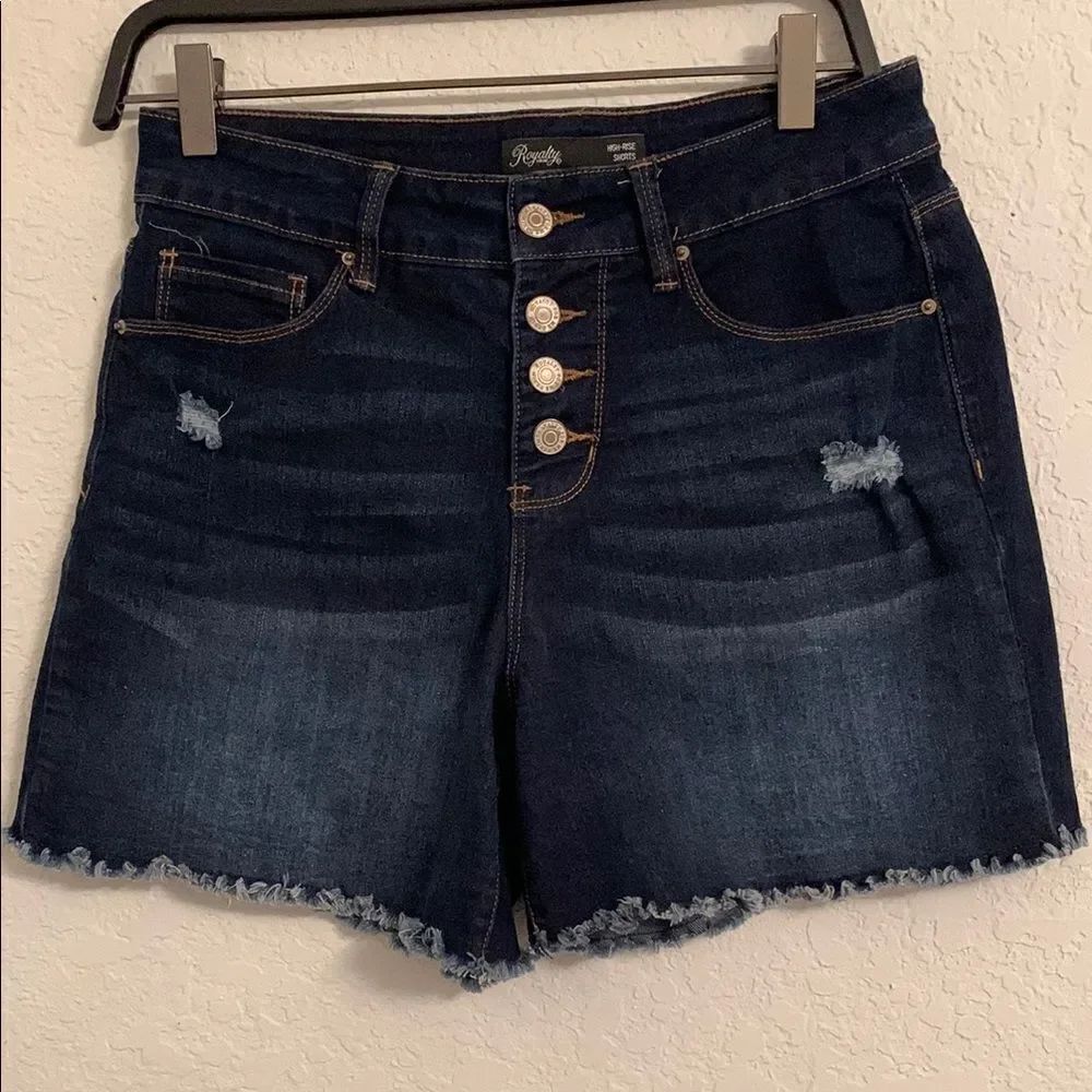 Royalty High Rise Cut Off Women's Dark Blue Stretch Denim Shorts Size 6